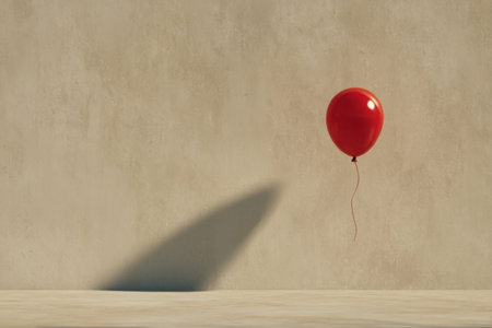 A vibrant red balloon floats playfully against a textured beige wall, casting a long, dramatic...