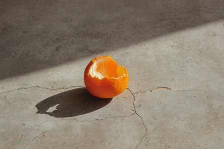 A vibrant orange peel rests on a cracked concrete surface, bathed in natural sunlight. Strong shadows and highlights emphasize its texture and the rugged ground, creating a minimalist composition.の写真素材