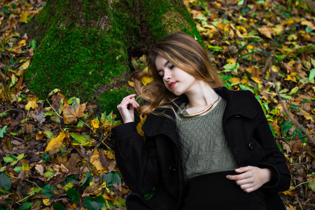 Young beautiful girl in blue jeans lying on yellow leaves, view from above, in the autumn parkの写真素材