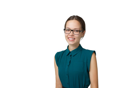 Cute young business woman with glasses, smiling