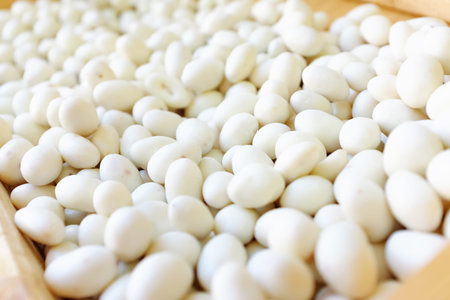 Peanuts in white glaze on shop window closeup top view.