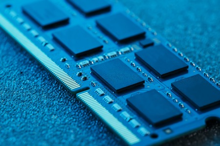 Electronic circuit board close up. Processor, chips and capacitors. Inside computersの写真素材