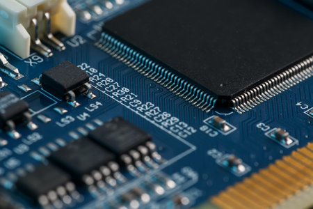 Electronic circuit board close up. Processor, chips and capacitors. Inside computers