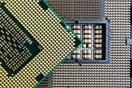 Close-up of CPU Chip Processor. Selective focus. Macro shooting of the inside of the chip