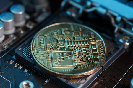 Golden Bitcoin Cryptocurrency on a computer board. Macro shooting. The concept of cryptocurrency...