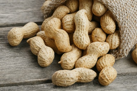 Peanuts in a miniature burlap bag on old, gray wooden surfaceの写真素材