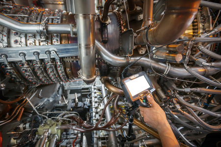 Inspection of a gas turbine engine using a Video Endoscope. Search for defects inside the turbine...