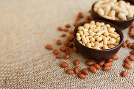 Peanuts in the shell and peeled closeup in a cup. Background with peanuts. Roasted peanuts in the...