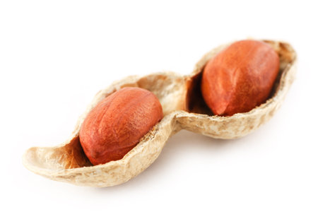 Peanuts isolated on white background. Peeled Peel and Scarlup Macro Peanuts.