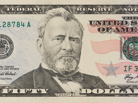 Portrait of former U.S. president Ulysses Grant. macro from 50 dollars billの写真素材
