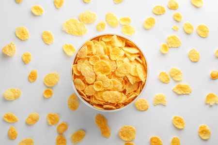 White cup with golden corn flakes, isolated on white background. Hopya crumbled around the cup. View...