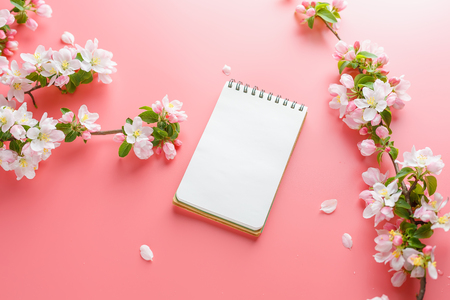Blooming spring sakura on a pink background with notepad space for greeting message. The concept of spring and mother's day. Beautiful delicate pink cherry flowers in springtime. View from aboveの写真素材