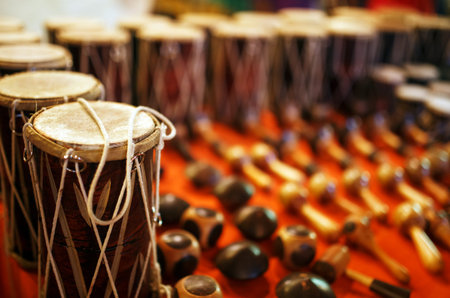 Various colorful musical instruments drums in asia street market near the ocean, India, Goa