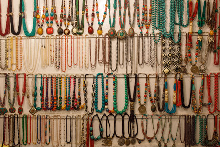 Colorful beads jewelry from Tibet night market, hang on the counter Goa, India.