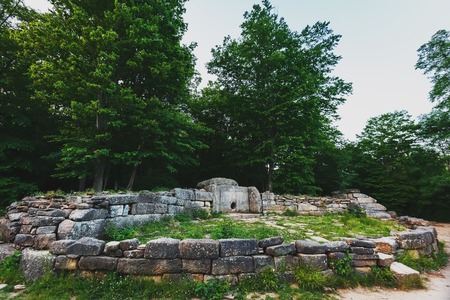 Ancient tiled dolmen in the valley of the river Jean. Monument of archeology megalithic structure. Historical value of the 7-15th centuries. Russia, southeast of Gelendzhik, Renaissance layer.の写真素材