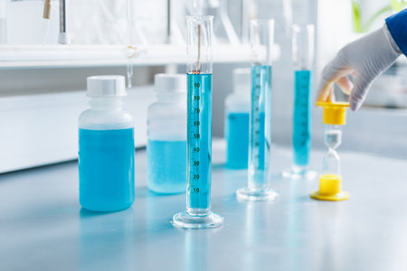 Analysis of the quality of liquids in a chemical laboratory, a device with equipment made of glass...