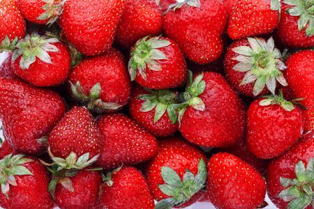 Juicy, ripe natural red strawberries without GMO. Strawberry - full frame. Close-up. Macroの写真素材