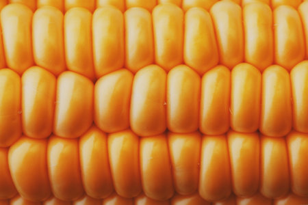 Corn grains in close-up closeup, rows of fresh and ripe yellow corn kernels, corn cob. Close-up...