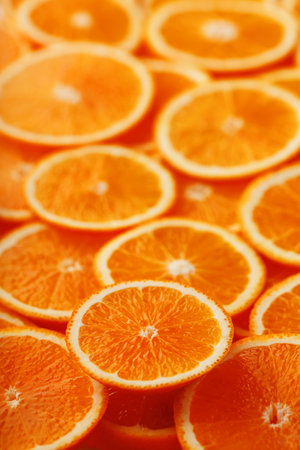 Slices of ripe orange backlit as a textural background. Full screen, close-up