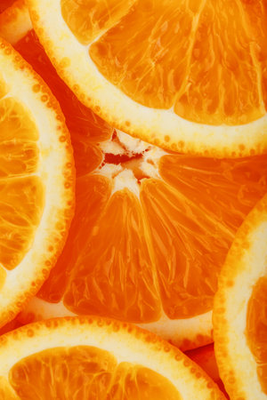 Slices of ripe orange backlit as a textural background. Full screen, close-up