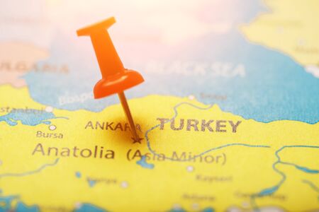 The red button indicates the location and coordinates of the destination on the map of the Country of Turkey. Concert button indicates countries and cities of Europeの写真素材
