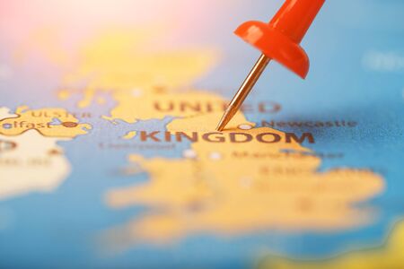 The red button indicates the location and coordinates of the destination on the map of the Country of England. Concert button indicates countries and cities of Europeの写真素材