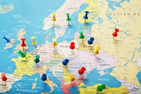 The multi-colored buttons indicate the location and coordinates of your destination on the Map of the Country. Concert button indicates countries and cities of Europeの写真素材
