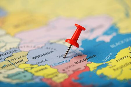 The multi-colored buttons indicate the location and coordinates of your destination on the Map of the Country of Romania. Concert button indicates countries and cities of Europeの写真素材