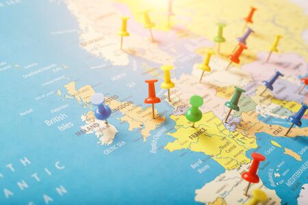 The multi-colored buttons indicate the location and coordinates of your destination on the Map of the Country. Concert button indicates countries and cities of Europeの写真素材