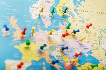 The multi-colored buttons indicate the location and coordinates of your destination on the Map of the Country. Concert button indicates countries and cities of Europeの写真素材