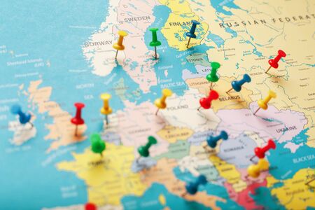 The multi-colored buttons indicate the location and coordinates of your destination on the Map of the Country. Concert button indicates countries and cities of Europeの写真素材