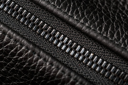 Close-up of the lock on a bag made of genuine black leather, on a dark background. Macro close up