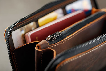 Purse with documents from brown Genuine leather, handmade on a dark background. Close-up, castle and...