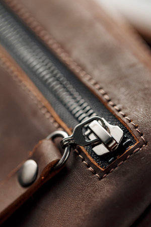 Lock close-up made of brown genuine leather, handmade on a dark background. Close-upの写真素材