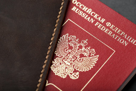 Brown leather cover with a red passport on a dark background. Russian Federation, handwork close-up.