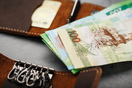 Set of a wallet with money and electronic cards and a key holder made of genuine leather of brown...