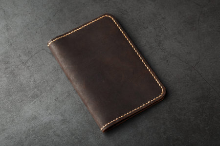 Dark Brown Leather Passport Cover. Genuine leather, handmade. Close up stitching