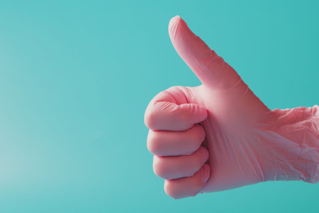 Hand shows like in pink gloves on a blue background. concept of cleanliness, medicine and positive.
