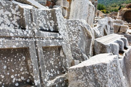 Beautiful and graceful ornament, an element of buildings. Parts of the ruins and ruins of ancient antiquity. The art of ancient Greece. City of Ephesusの写真素材