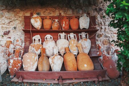 Historically ancient amphora on the counter of an ancient castle. Turkey, Marmarisの写真素材