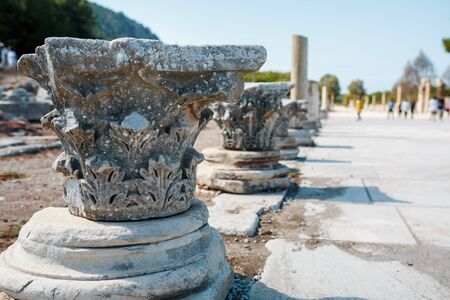 Columns of elements of buildings, parts of the ruins and antiquity of the ancient. City of Ephesus, Turkeyの写真素材
