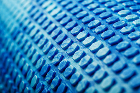 Abstract texture of a blue massage roller in the form of blue hexagonal cells. The entire screen as...