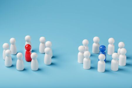 Two different Groups of white people stand around the blue and red leadership candidates separately. Competition in business between the firms and the teams. The concept of the leader of the business team.の写真素材