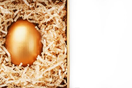 Golden egg in a box on a white background concept of exclusivity, best choice, prize, special surprise, expensive gift. The concept of minimalism. Isolateの写真素材