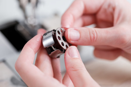 The hands of a master and the needle of a leather product sewing on a sewing machine. Manual work,...