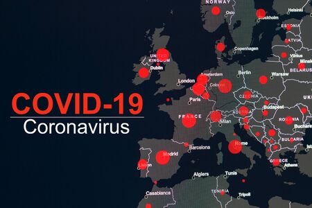 The coronavirus pandemic with the word COVID-19 on the global map of Europe with red dots of infection centers. The spread of coronavirus in the European Union. The concept of infection COVID-19 .の写真素材
