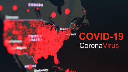 The coronavirus pandemic with the word COVID-19 on the global map of the United States with red dots...