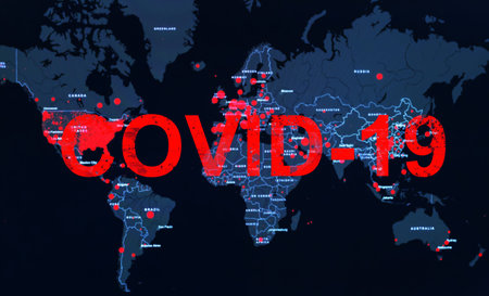 Coronavirus pandemic covid-19 inscription on the global map with red dots of infection centers. The spread of coronavirus in the world. The concept of infection COVID-19.の写真素材