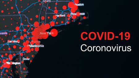 The coronavirus pandemic with the word COVID-19 on the global map of the United States with red dots of infection centers. The spread of coronavirus in the United States. Covid-19 infection concept new York.の写真素材