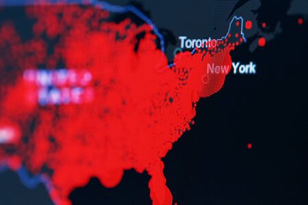 COVID-19 coronavirus pandemic on the US map in close-up with red dots of infection centers. The spread of coronavirus in the United States. Covid-19 infection concept new York.の写真素材